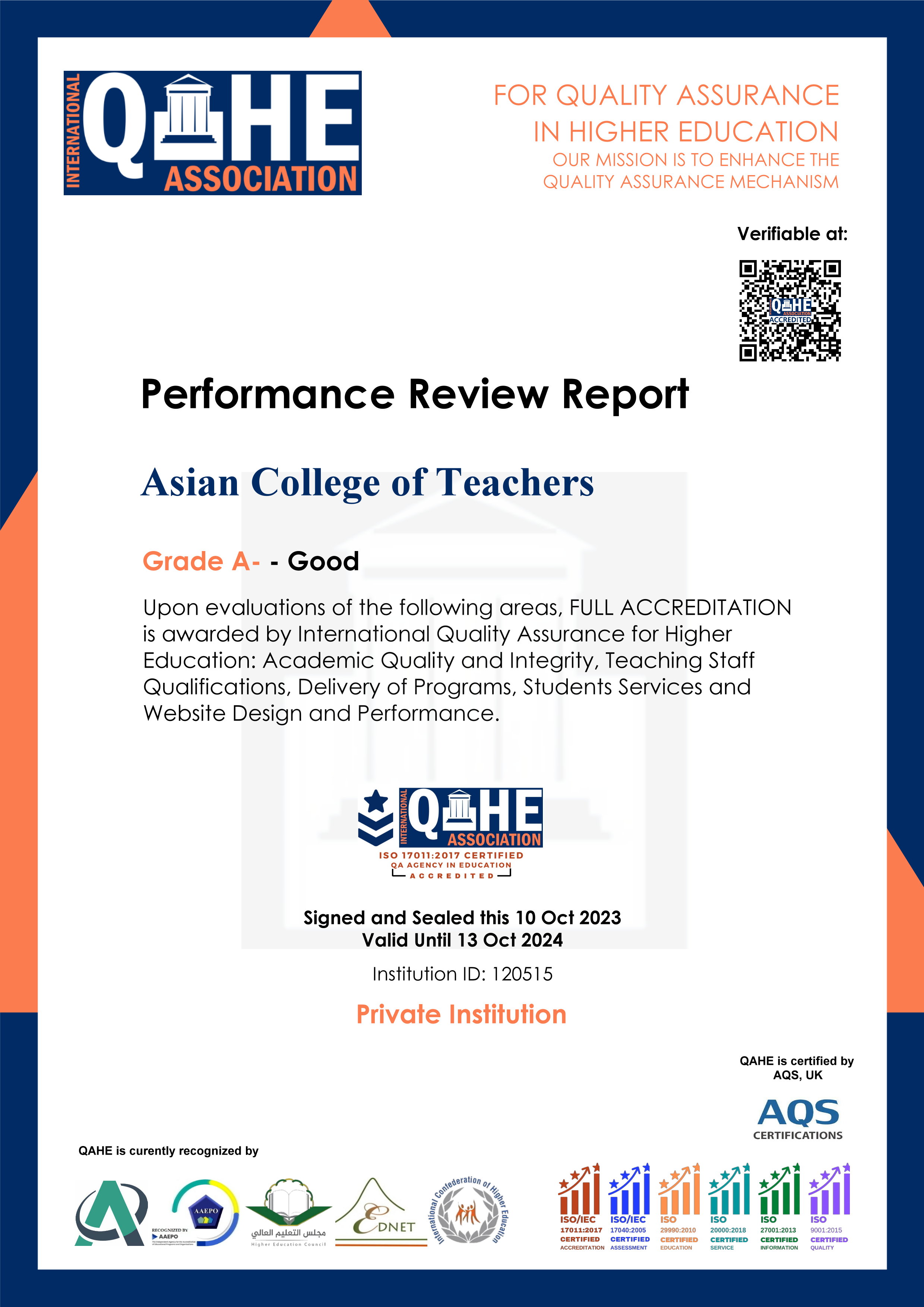 ACT’s performance review report by QAHE