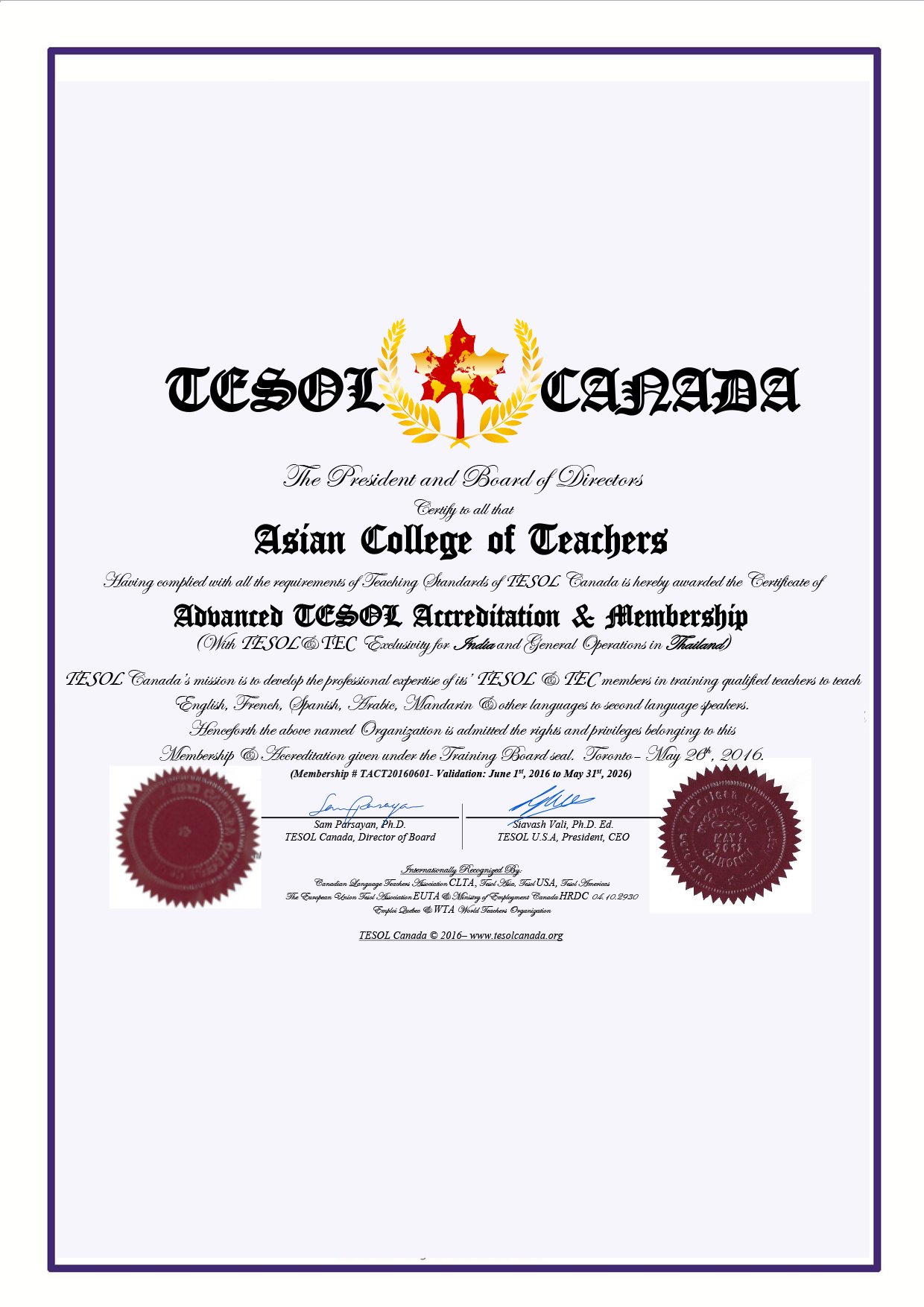 TESOL Canada Accredited Certificate of Asian College of Teachers (ACT)