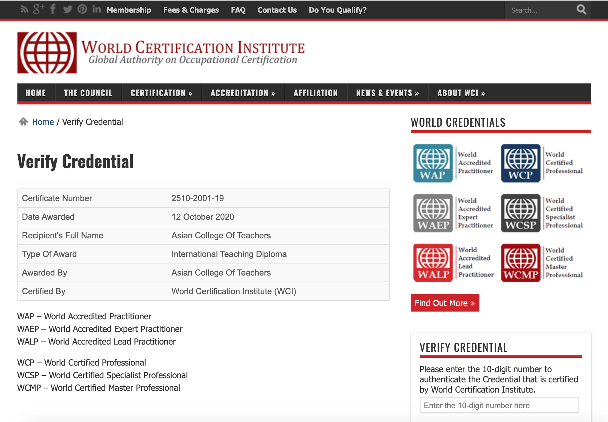 ACT’s Credential Verification by WCI