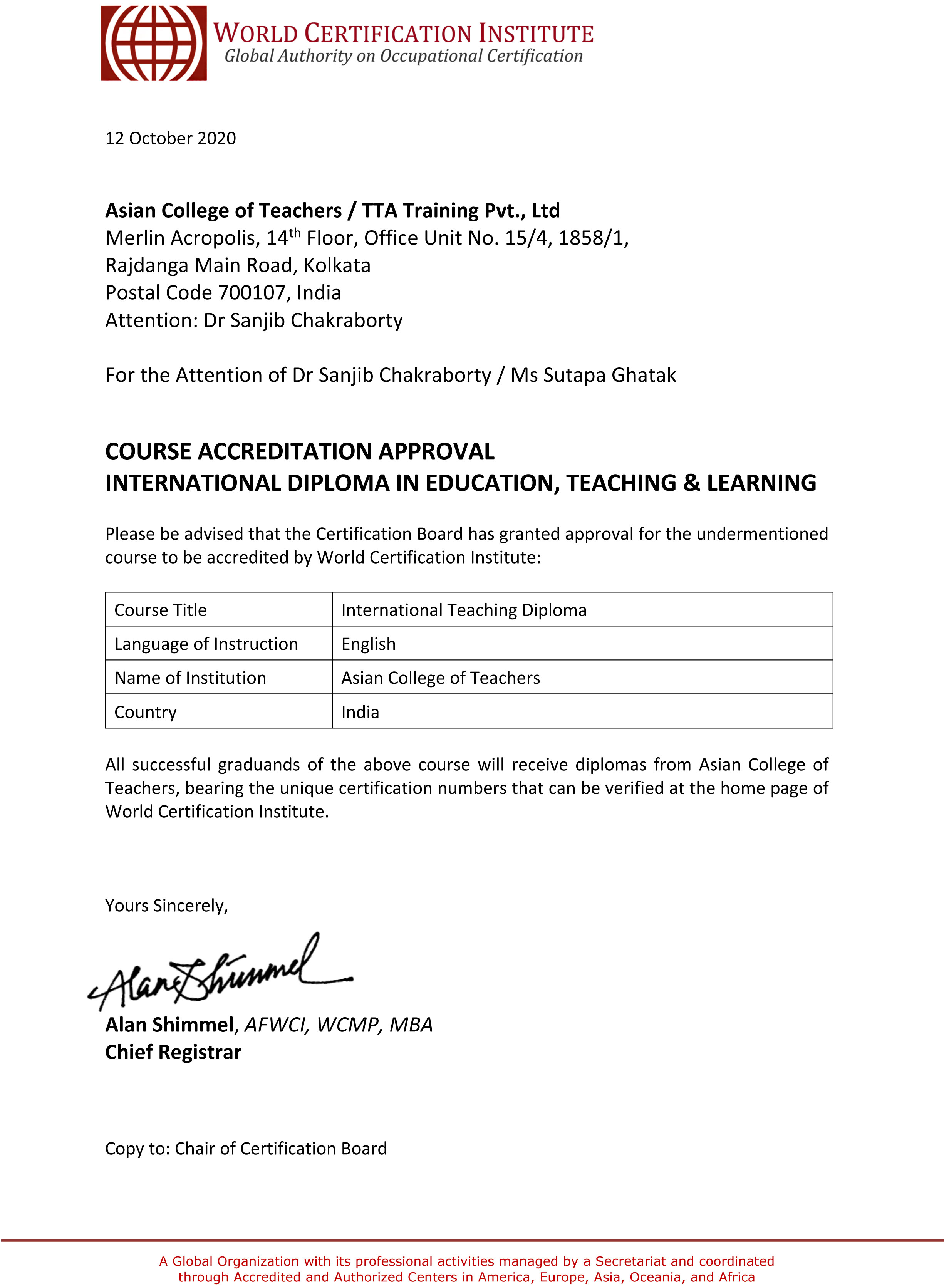 ACT’s International Teaching Diploma Course Accredited by WCI